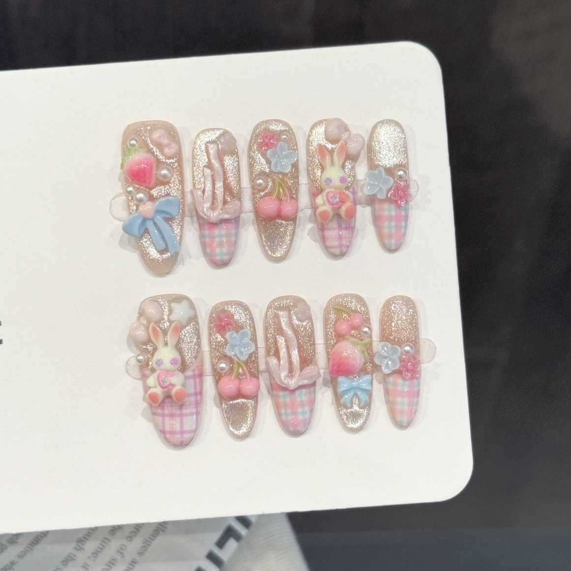 Pressed Flower Art - 10 stuks ovale handgemaakte opzetnagels, lichtblauwe
