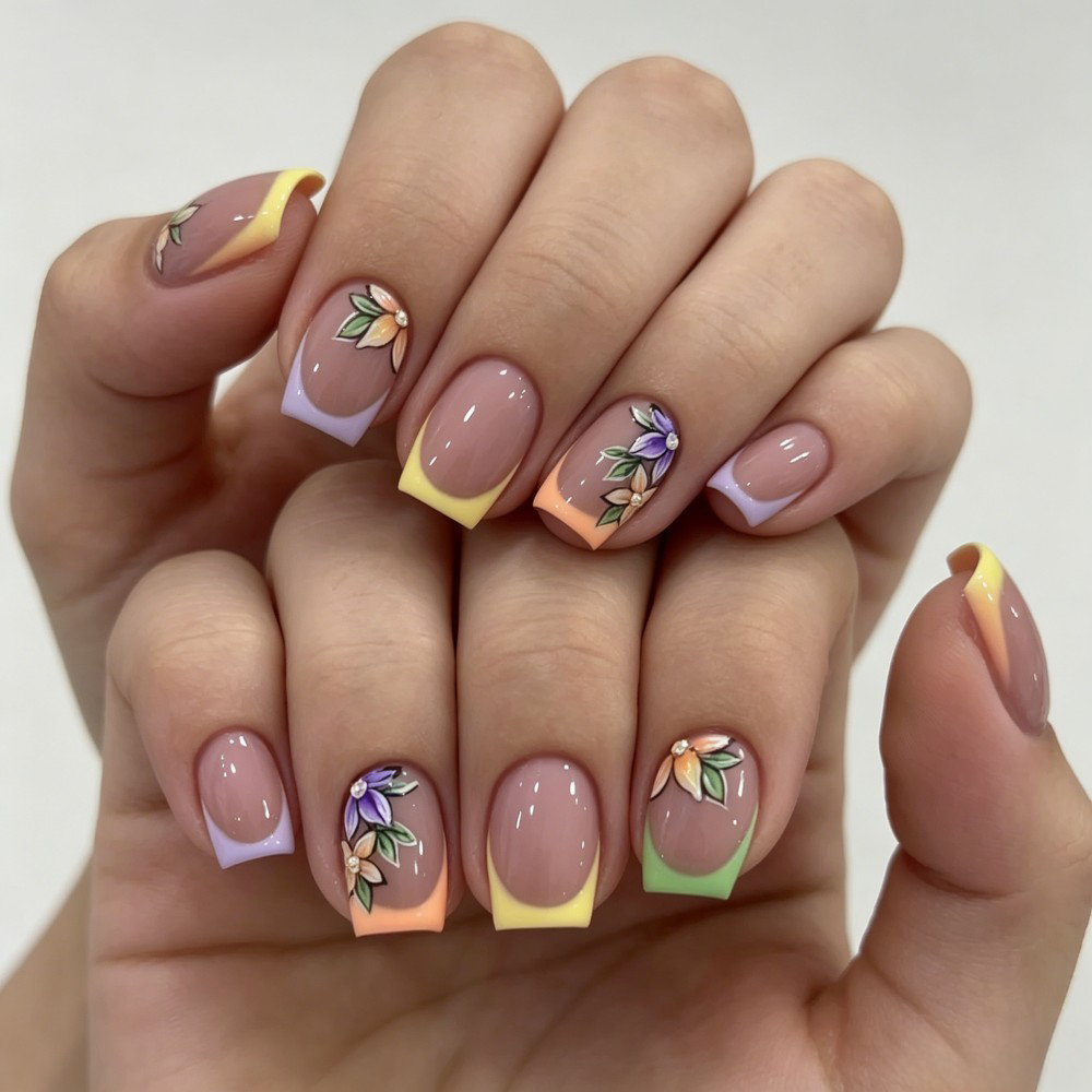 Pressed Flower Art - 24 stuks roze bloemenprint Franse tip
